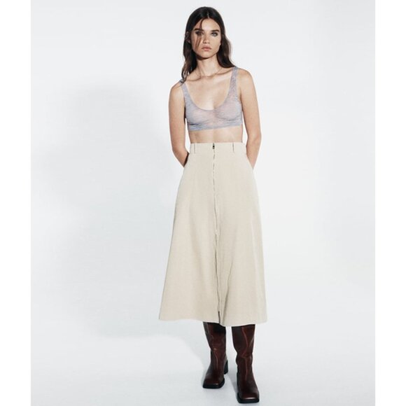 Zara Womens Midi Skirt Size M Medium Khaki Tan Zip Front 2157/226 NWT - Picture 1 of 9
